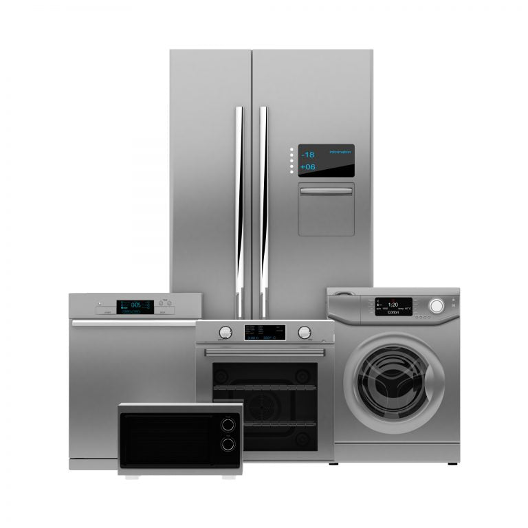 Group of appliances centered: refrigerator, dishwasher, oven-range, microwave, washing machine